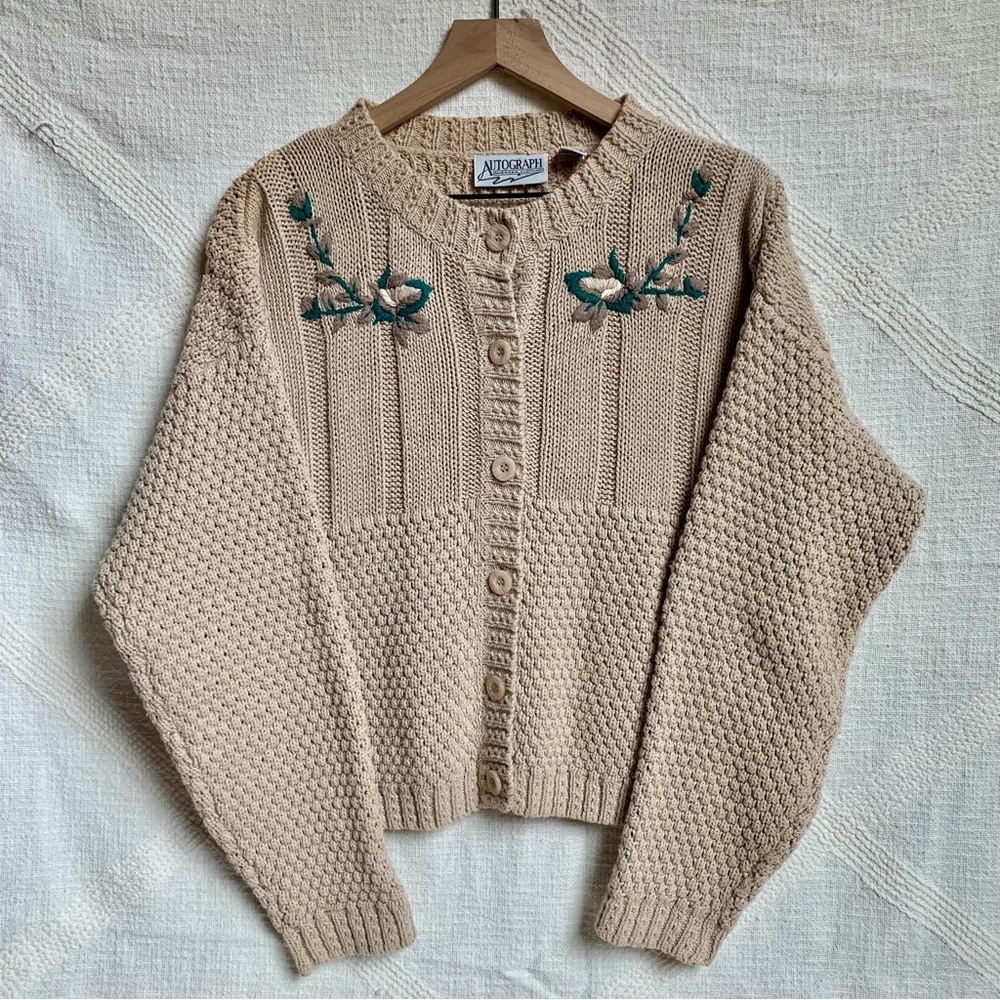 VTG Autograph American Ramie Cotton Tan Beige Knit Embroidered Cardigan Sweater - Picture 4 of 11